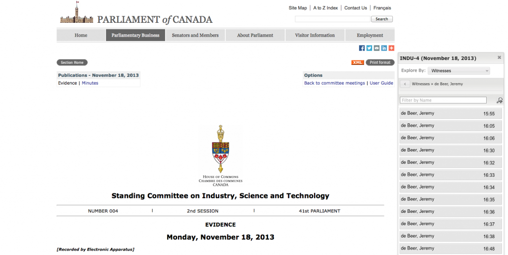 Online Evidence of the Standing Committee on Industry, Science and Technology, by Jeremy de Beer